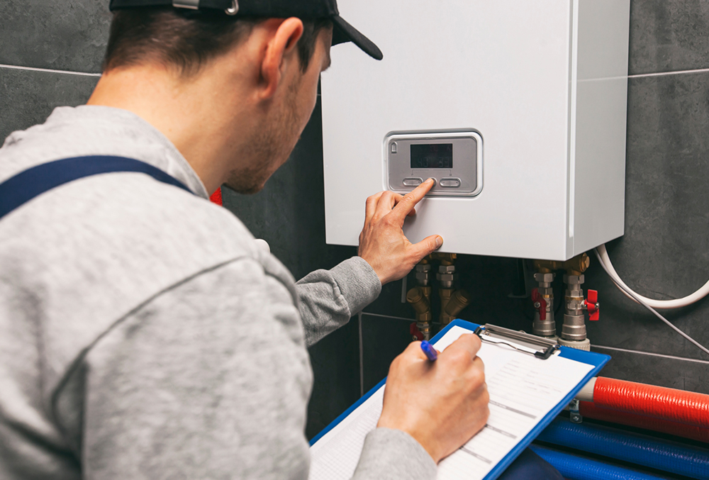 Service technician works on commercial tankless water heater